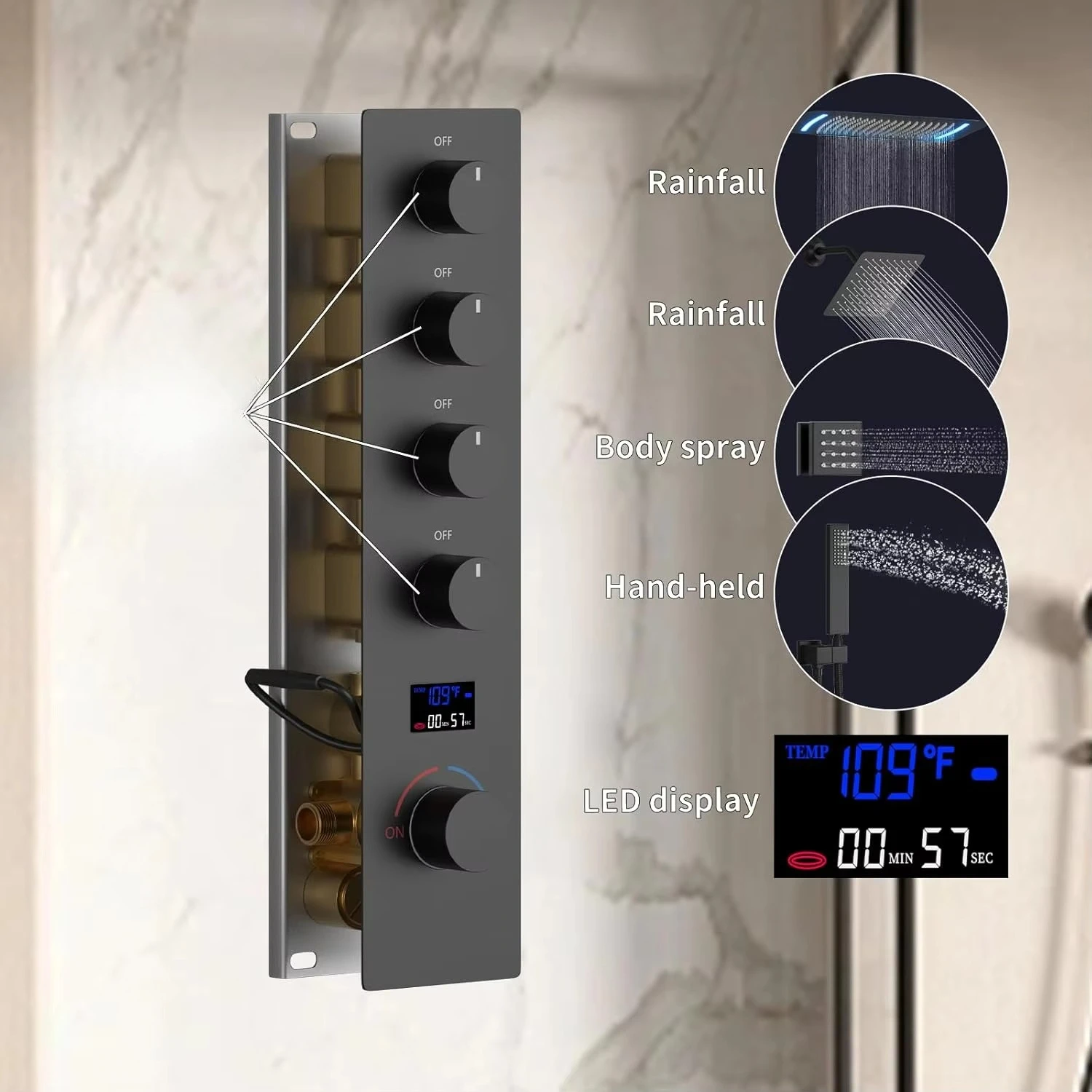 Digital Display Luxury Shower Set System Handheld Shower Body Jets Rainfall Head Matte Black Brushed Gold Bathroom Shower Set
