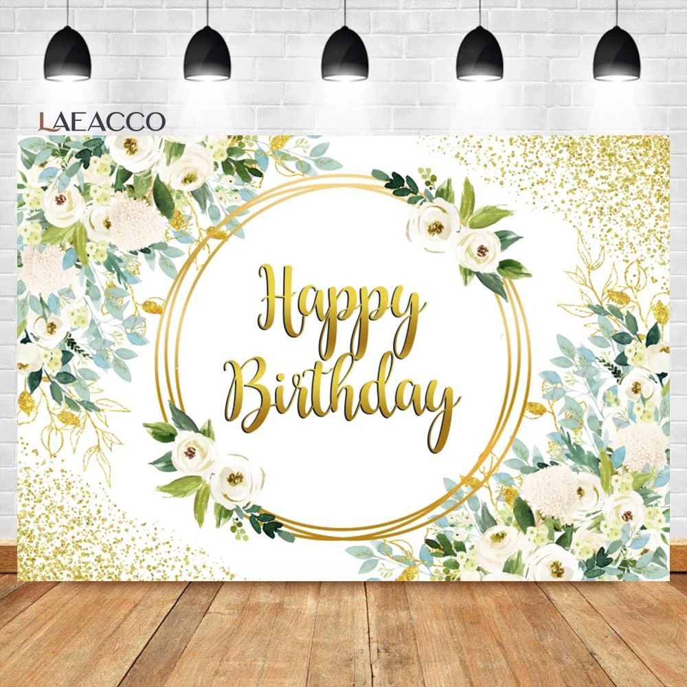 

Laeacco Rustic Pink Floral Birthday Backdrop Watercolor Flower Gold Dots Women Adult Portait Customized Photography Background