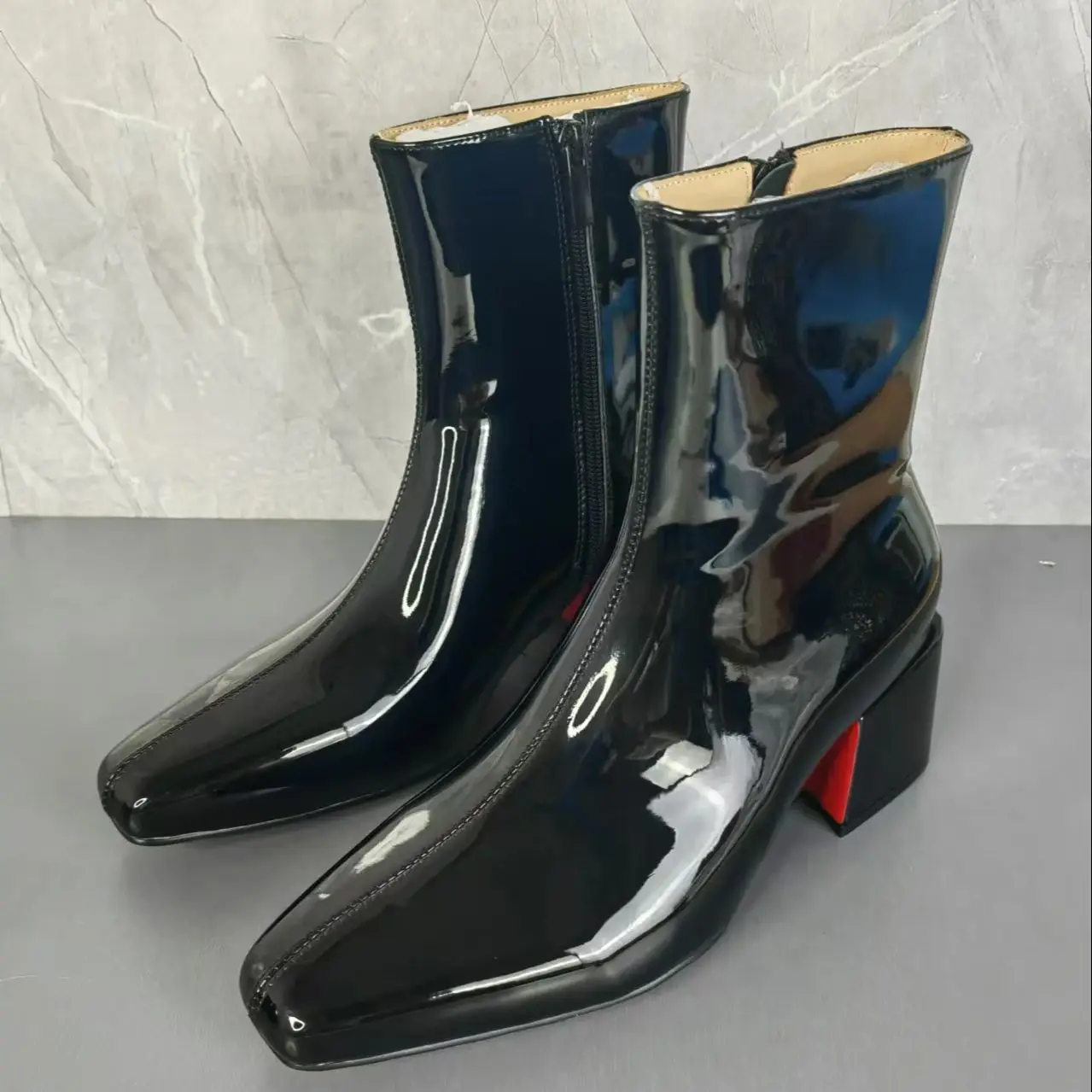 Hemegot Black Patent Leather Short Boots For Women Square Toe Back Zipper Botas Para Dama Pair With Shoes Bag Set Office Lady