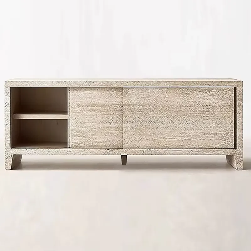 Wall-mounted customizable modern Wabi-Sabi style TV cabinet in natural travertine with wooden details for villa or hotel
