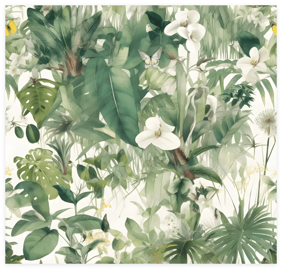 Southeast Asian Rainforest Plants, Leaves, Flowers, Mural Paintings, Customizable Sizes, Pattern Wallpaper, Full House Coverage