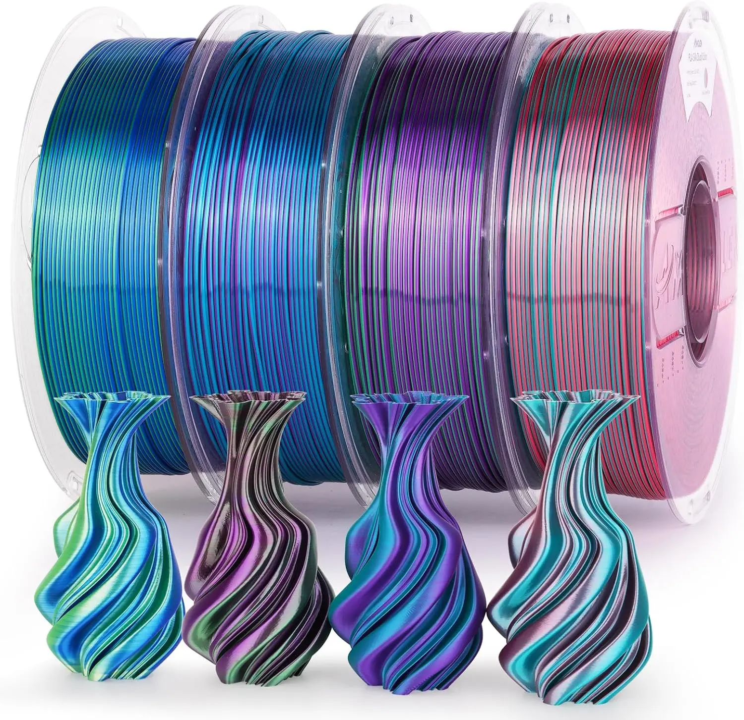 

Silk PLA 3D Printer Filament 4KG Bundle, Shiny Dual Color 1.75mm, Multicolor Change for FDM Printers, Green Series