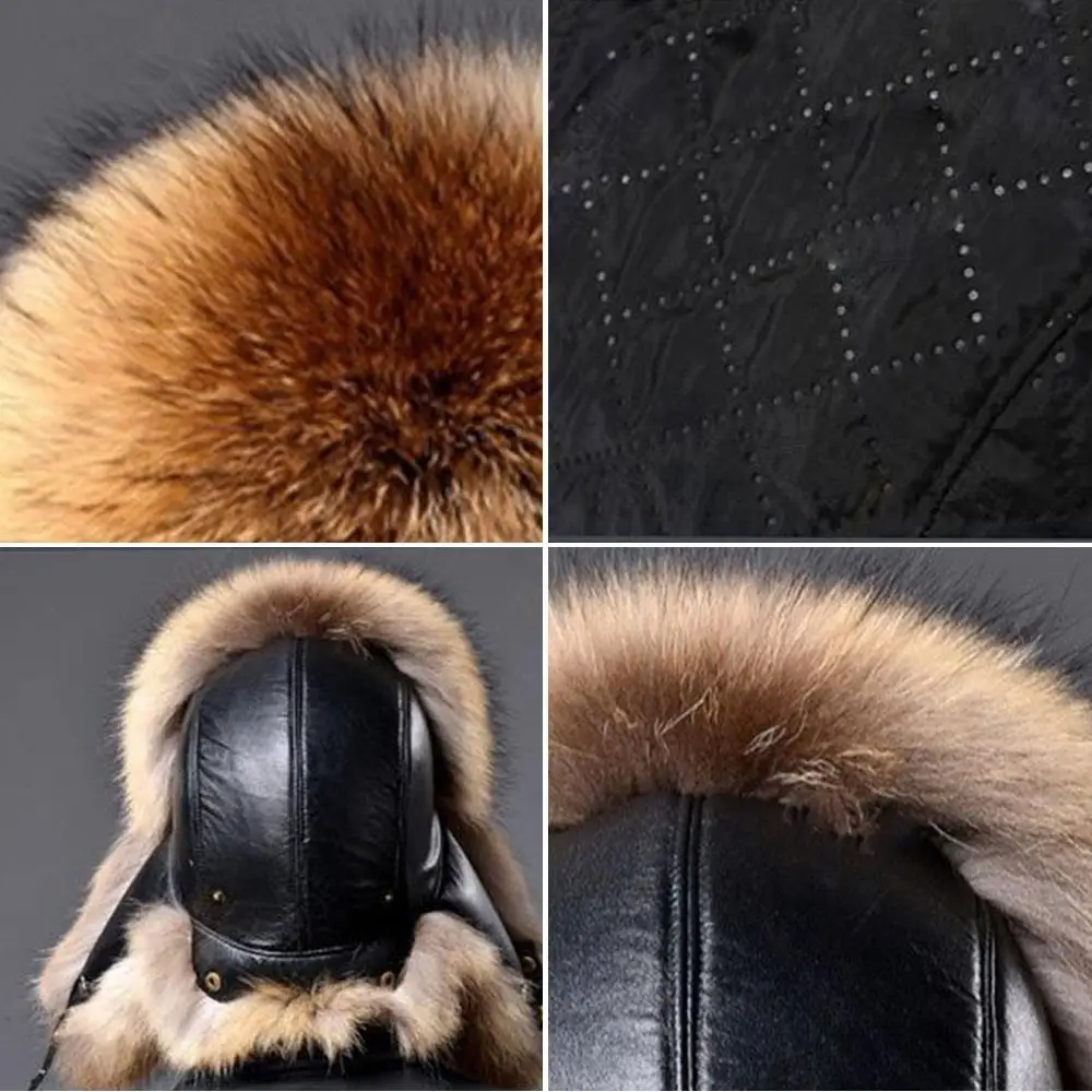 الشتاء الدفء تقليد الفراء القبعات النساء الرجال الراقية الدافئة الأسود الثعلب الفراء الطبيعي الراكون الفراء قبعة يندبروف الروسية Ushanka القبعات #5