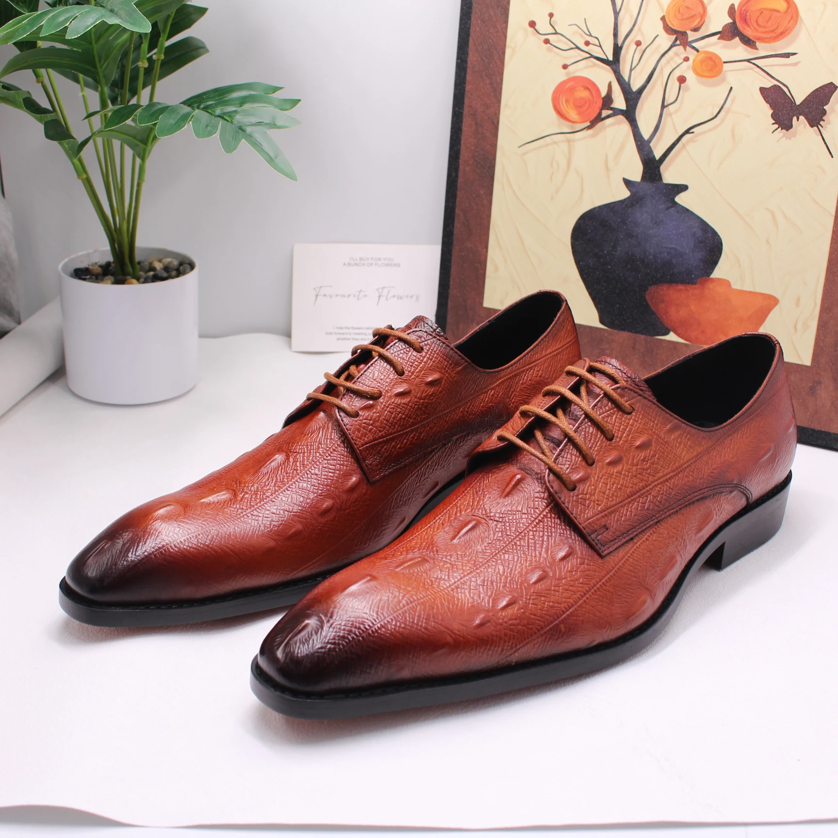 Embossed crocodile pattern men's shoes, British pointed toe laces, genuine leather business dress shoes for men, wedding shoes