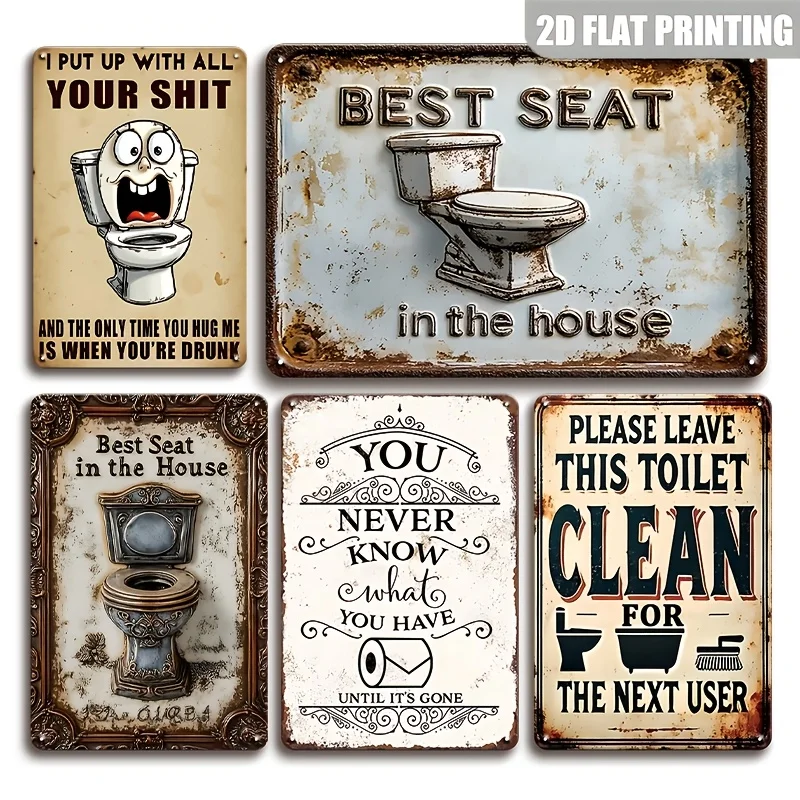 2D Flat, 5pcs Funny Toilet Rules Aluminum Signs - Farmhouse Bathroom Wall Decor, 20.32x30.48 cm Metal Plaques with Humorous Rest