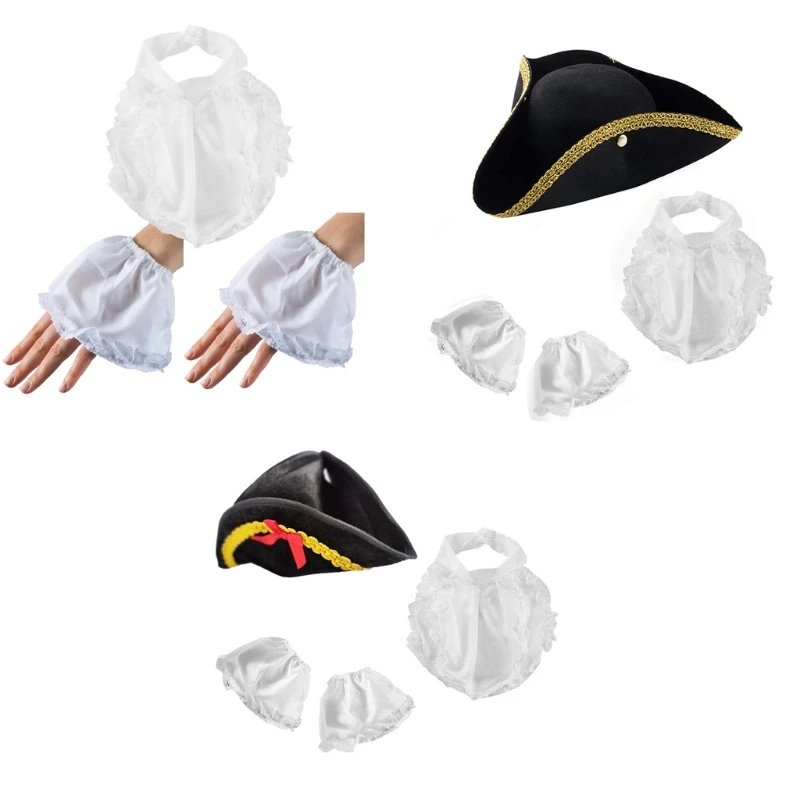 

Black Pirate Hat Colonial Tricorn Hat with Gold Trimming White Cuffs Apron Set Halloween Costume Hat Funny Party Hat