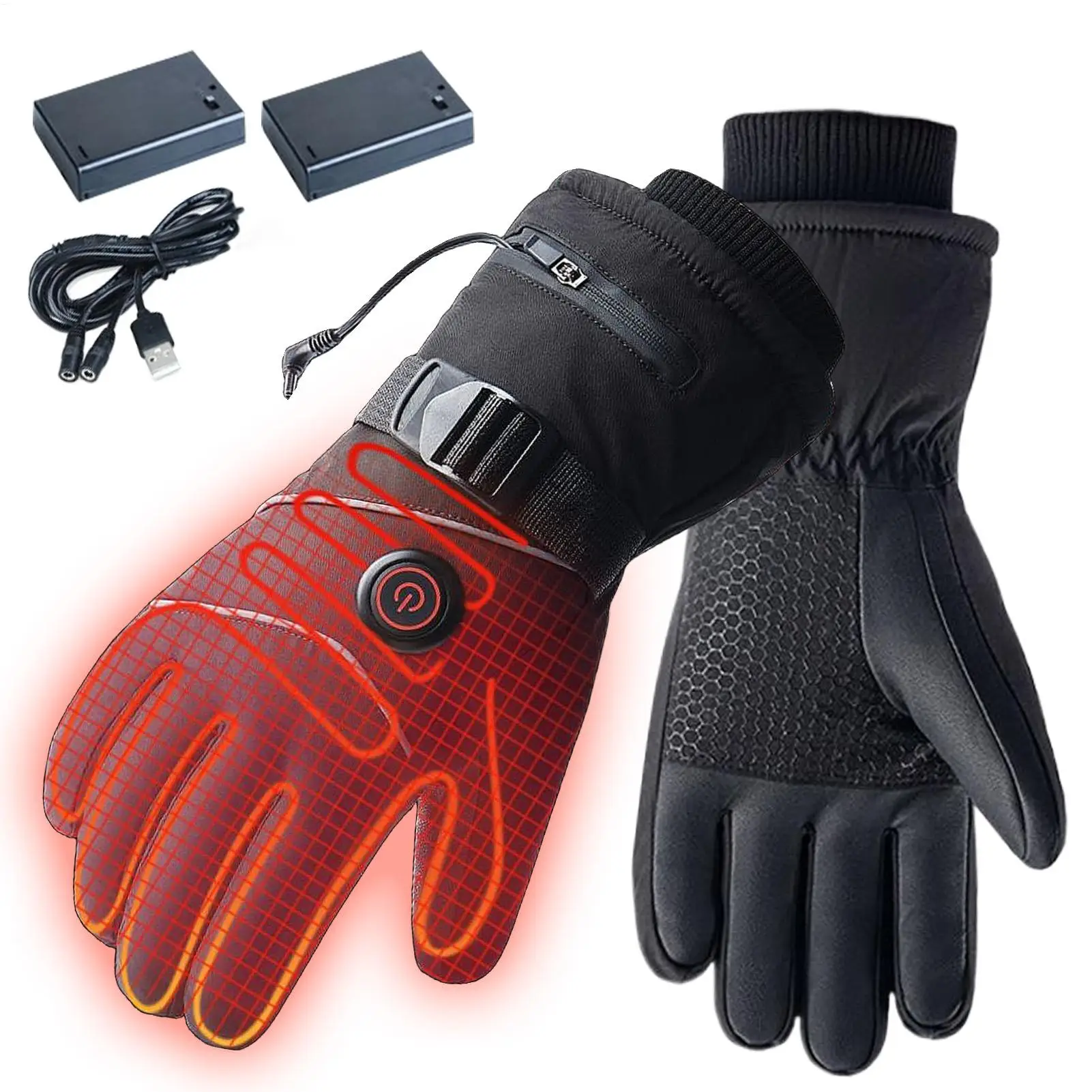 

USB Heated Gloves With Battery Box 3-Temp Adjustable Full Finger Ski Electric Gloves Touchscreen Mitten Hand Warmer For Cycling