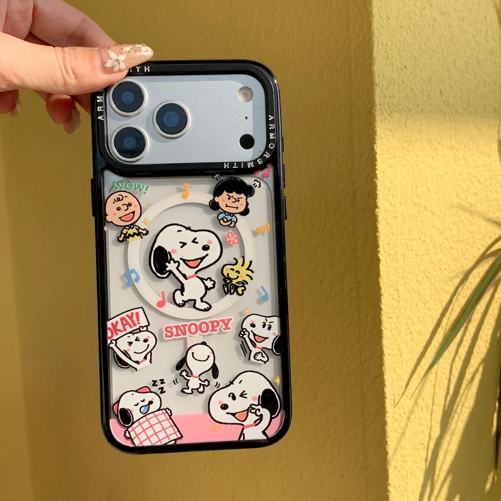 Cute Cartoon Snoopy Charlie Brown Magnetic Holder Magsafe Wireless Charge Phone Case For iPhone 17 16 15 14 13 Pro Max Cover
