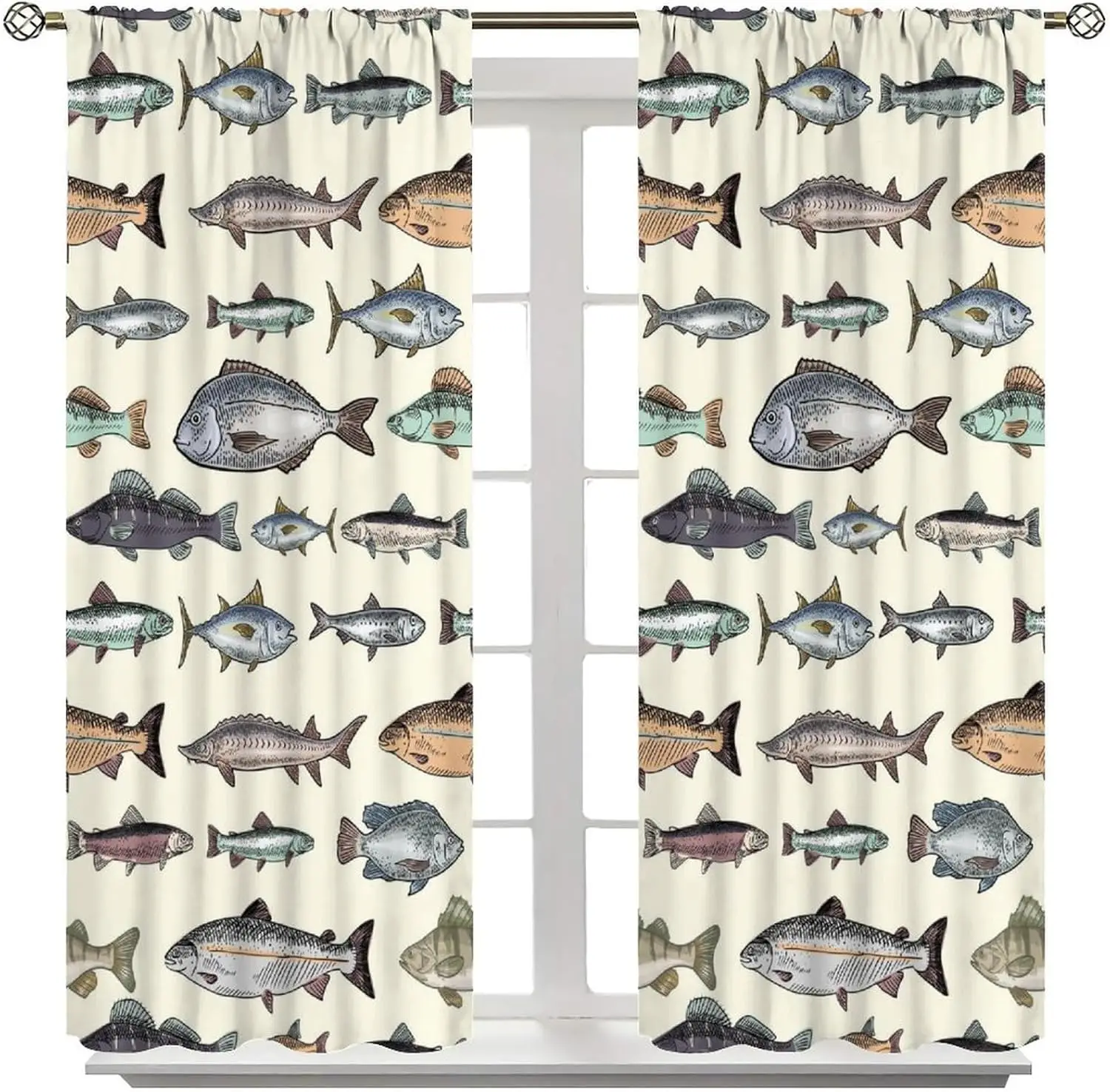 Fish Blackout Curtain Retro Animal Drawing Fishing Window Curtain Cartoon Lake Fish Drapes Pocket Curtain Bedroom Living 2Panels