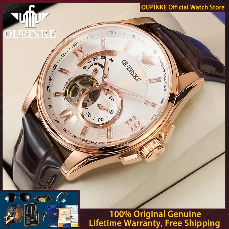 OUPINKE 3222 Luxury Original Men Watch Brand All Automatic Mechanical Watch HD Sapphire Mirror 3D Skeleton Waterproof Men Watch