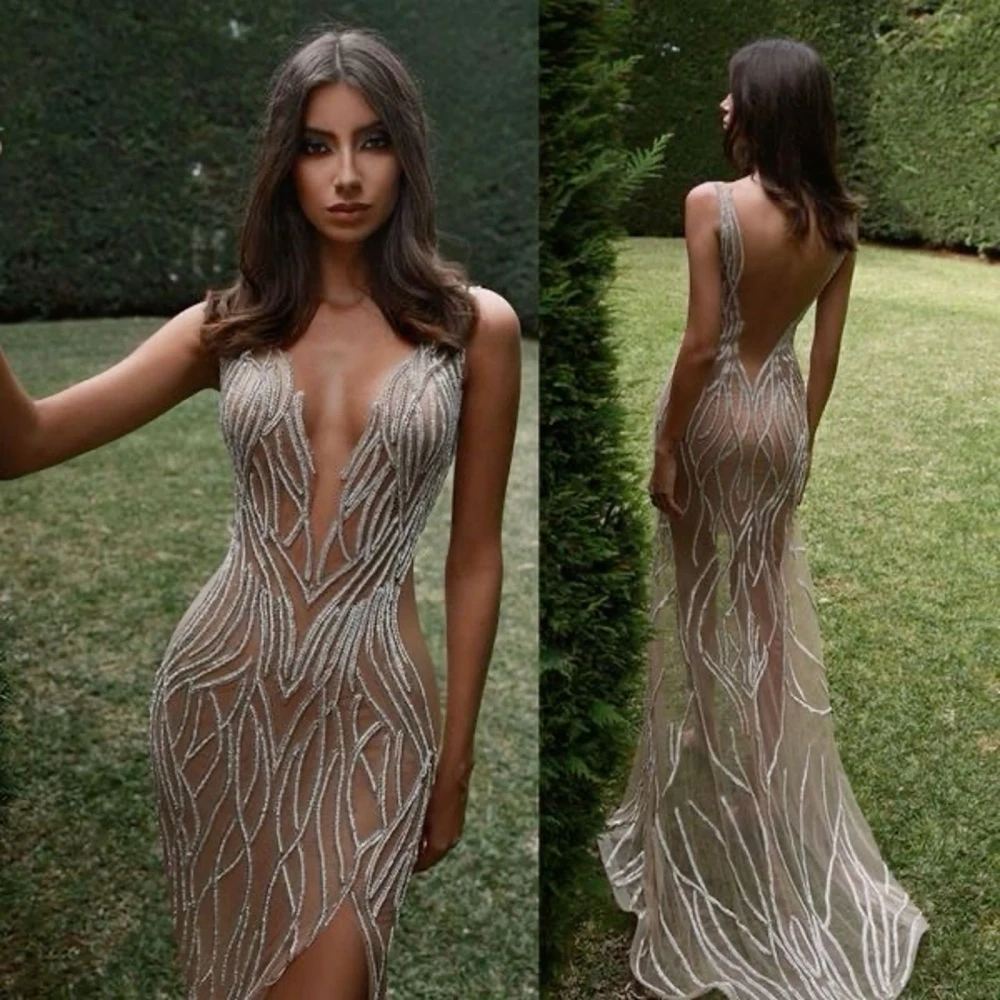 Sexy Deep V-neck Evening Gown Illusion Backless Prom Dresses Celebrity 2024 Beading Sequins Mermaid Dress Robe De Soriee