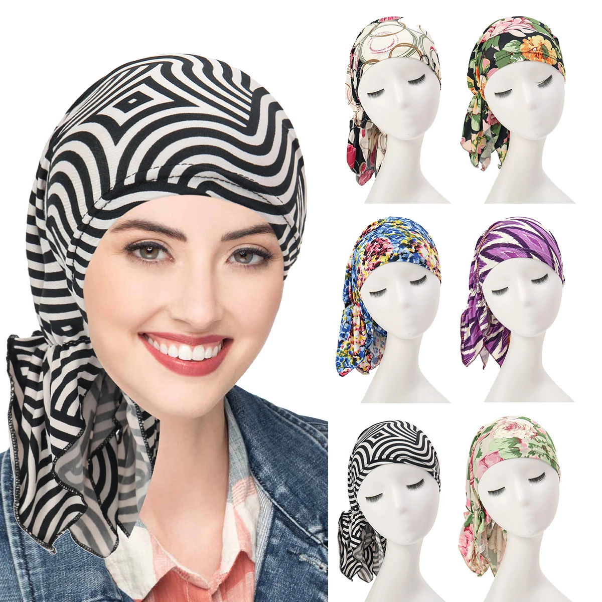 

New Women Printed Pre-tied Turban Cap Soft Elastic Muslim Hijab Inner Caps Beanies Long Tail Headscarf Strech Headwear