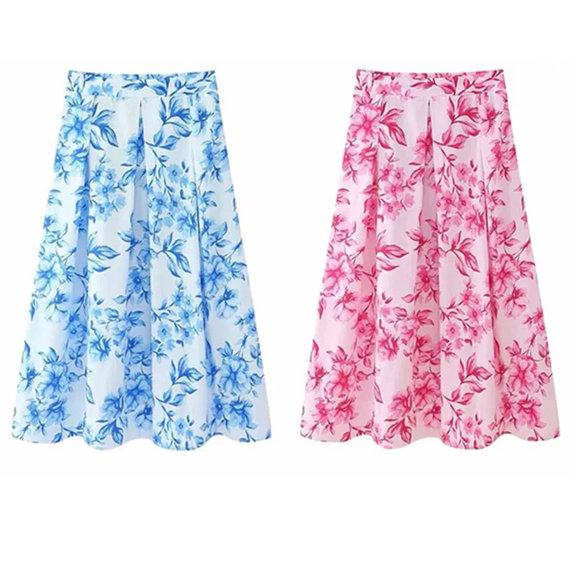 

HH TRAF Women Summer Elegant 2-Color Floral Print Midi Pleated Long Skirt Female Fashion High Waist Zipper Ankle Length Skirts
