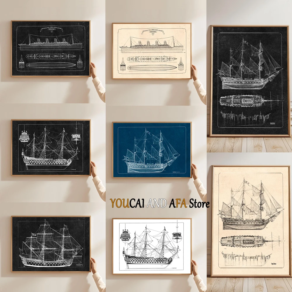 Historic Ship Blueprint Titanic Royal William 1719 San Juan Nepomuceno Nautical Art Poster Canvas Painting Wall Pictures Decor