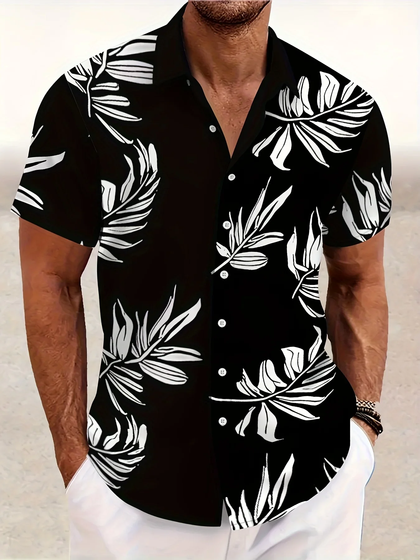 Men Black Base White Palm Leaf Print Hawaiian Shirt Short Sleeve Lapel Beach Vacation Blouse