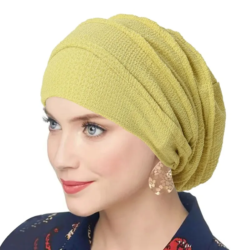 Hijab Turban Wanita Trendy Warna Solid Lembut Elastis Model India Penutup Kepala Syal Kepala Topi Kemoterapi