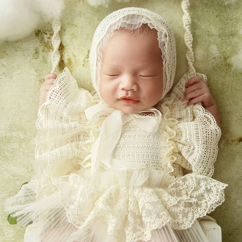 Vestido floral de renda para recém-nascido, adereços para pose infantil, acessórios para estúdio, tema DIY para bandana