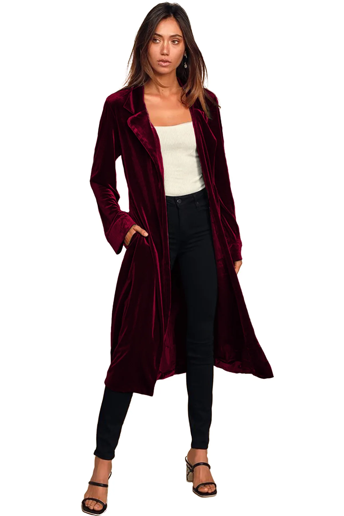 Women Velvet Long Coats Solid Trench Long Sleeves Notch Lapel Collar Open Stitch Loose Office Lady Casual 2025 Spring Autumn