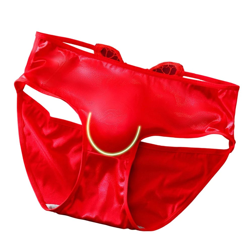 Men's Satin-like Briefs With U-Convex Pouch Breathable Embroidered Low Waist Underwear For Sissy Crossdresser Purple
