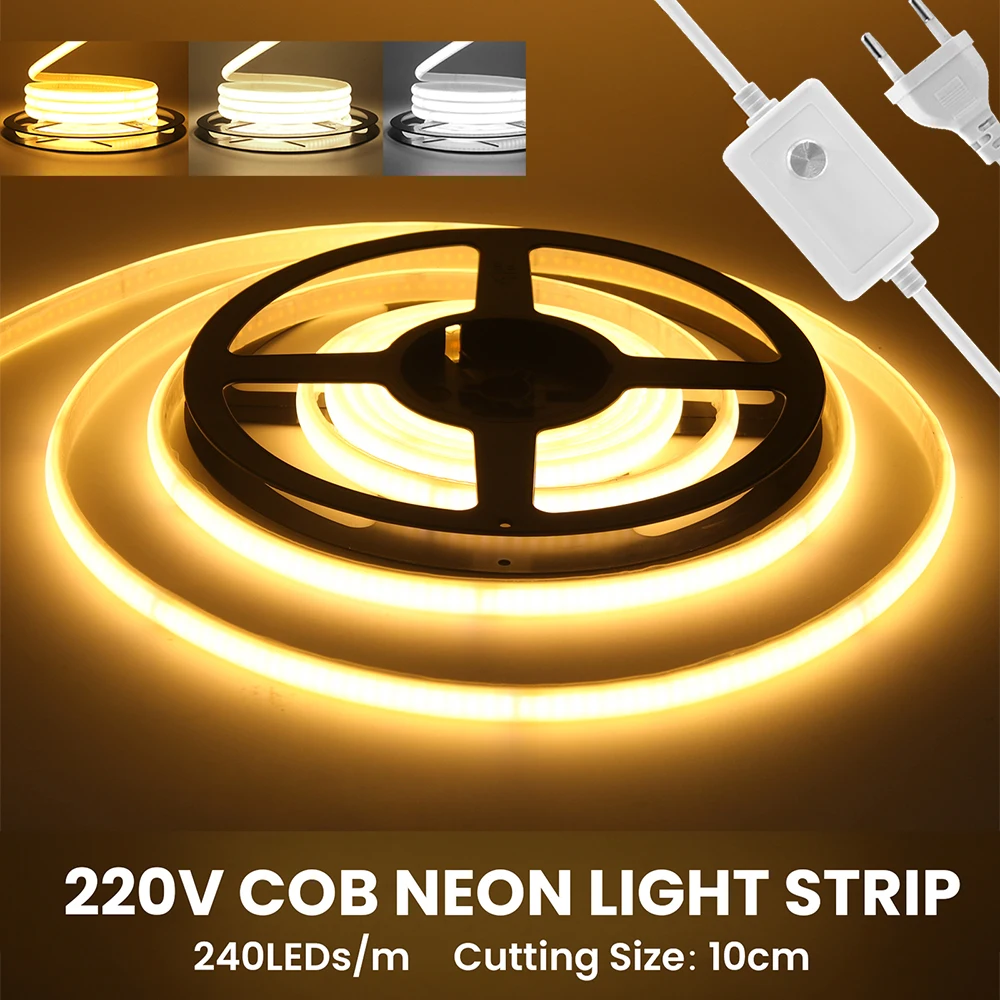 

220V Dimmable COB LED Neon Strip Light 240LEDs/M Switch/Dimmer EU Power Kit Flexible Adhesive Tape Warm Natural White Home Decor