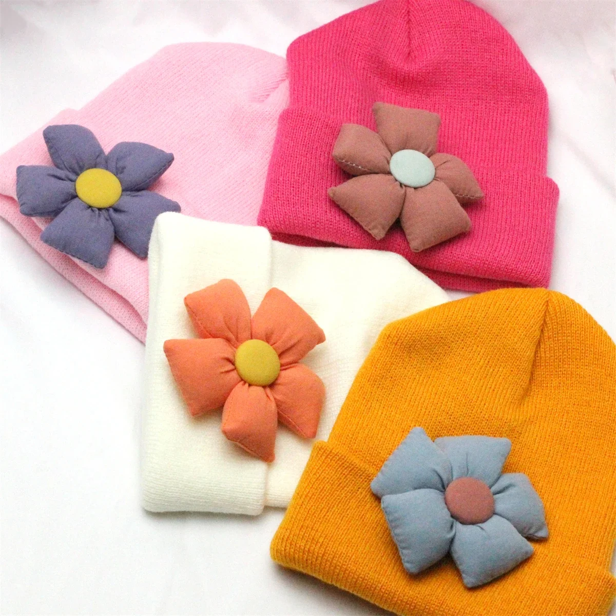 Knitted Beanie with Fabric Sun Flower Baby Girls Big Flower Winter Warm Bonnet Children Crochet Hat Cute Newborn Turban Hats