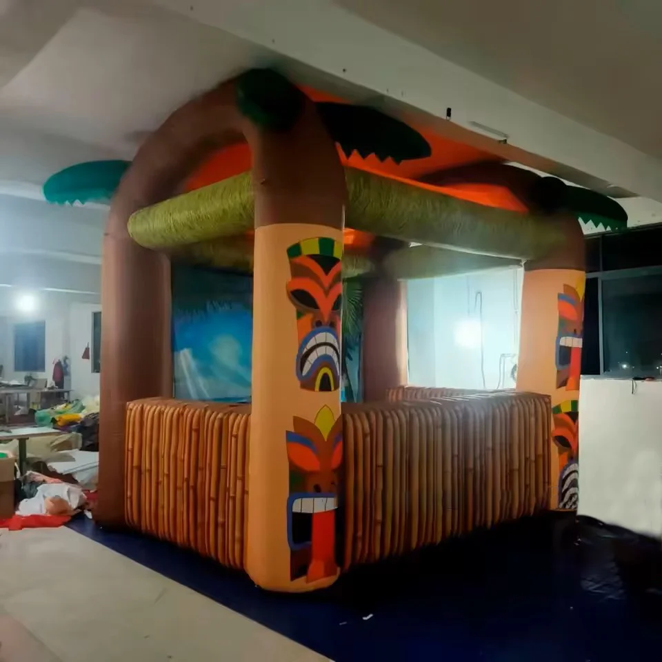 Bar de praia inflável para servir suporte de concessão de alimentos-bar tiki inflável ao ar livre com palmeira para festa no quintal