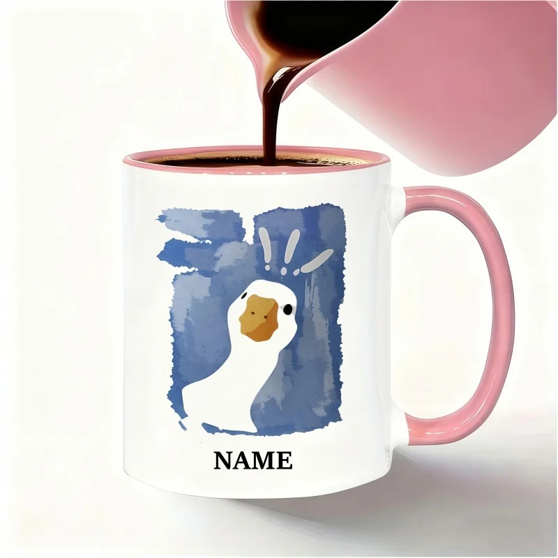 Custom Name Mug - Watercolor Surprise Goose Design, Perfect Birthday and Holiday Gift, Personalized Ceramic Coffee Cup
