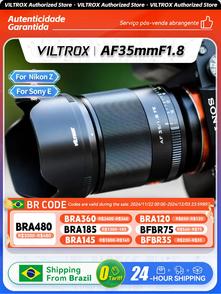 【 Do Brasil 】 Viltrox AF 35mm F1.8 Full Frame Mirrorless Camera Standard Fixed Portrait Lens for Sony ZVE10 A7III Nikon Z 35 1.8