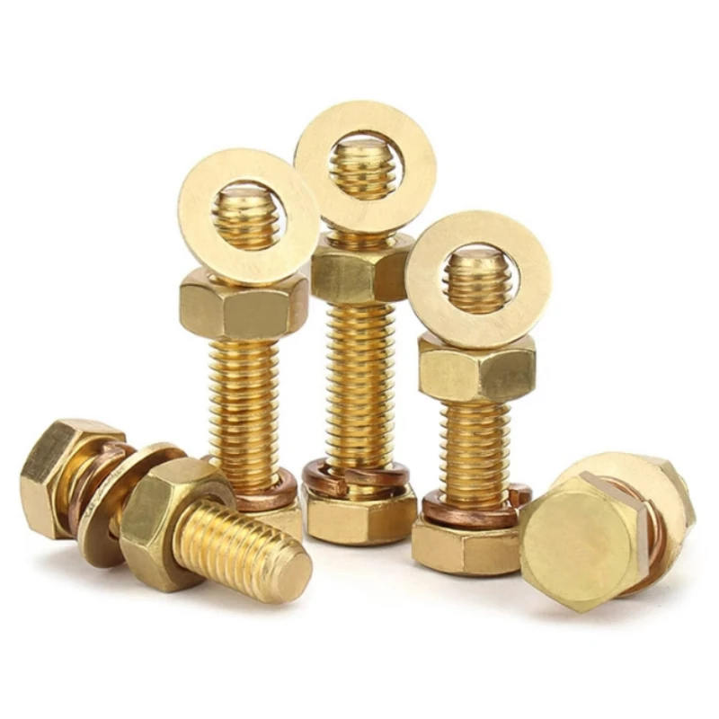 Brass Outer Hexagonal Bolt Machine Screw Nut Flat Washer Elastic Washer Combination Set M3 M4 M5 M6 M8 M10 M12 M14 M16