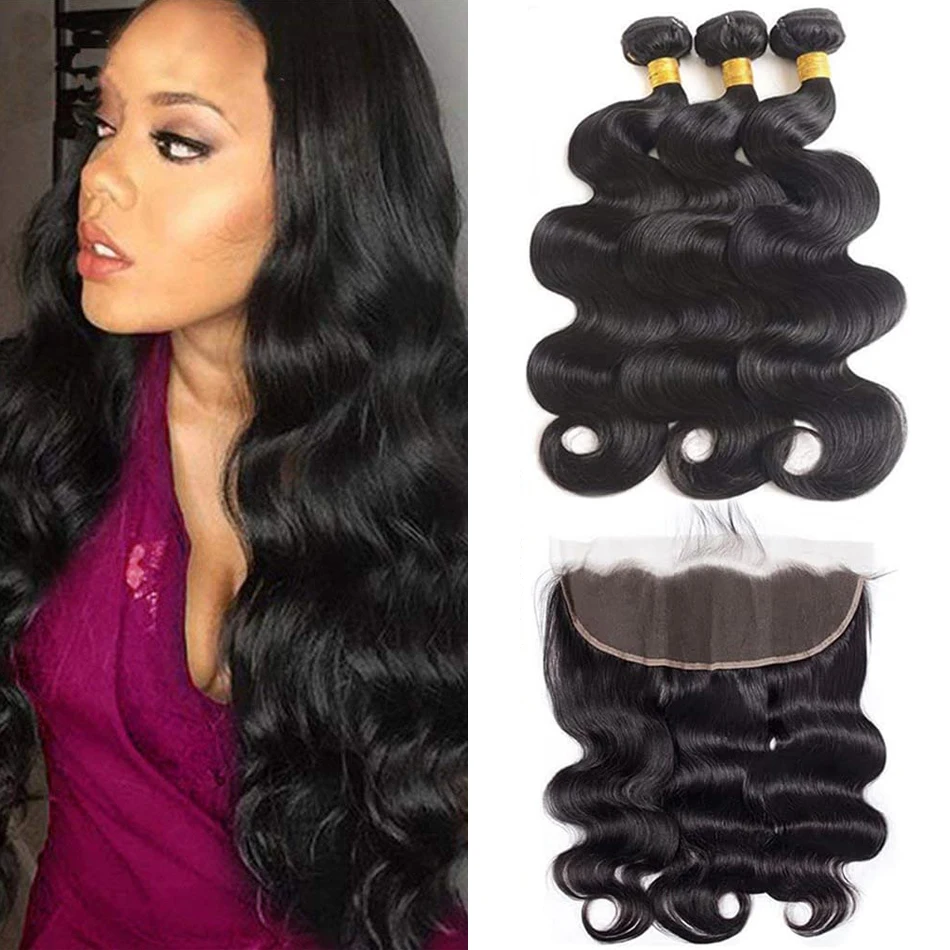 Body Wave Virgin Hair Bundles with Frontal 100% Unprocessed Brazilian Human Hair 3 Bundles with 13x4 Lace Frontal Natural Black