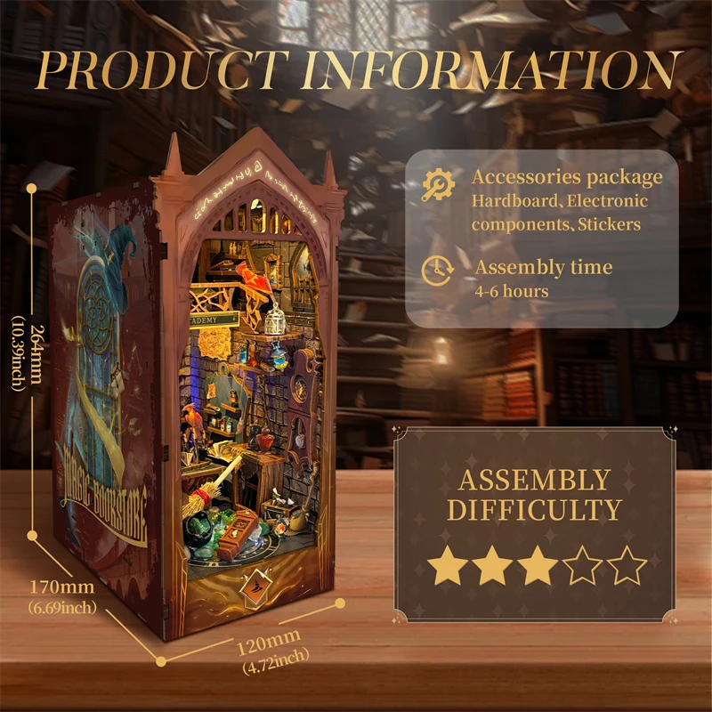 

Figurines Miniatures Magic Academy Bookend NEW DIY Wooden Book Nook Kits Handmade Bookshelf for Friends Gifts Home Decor Crafts