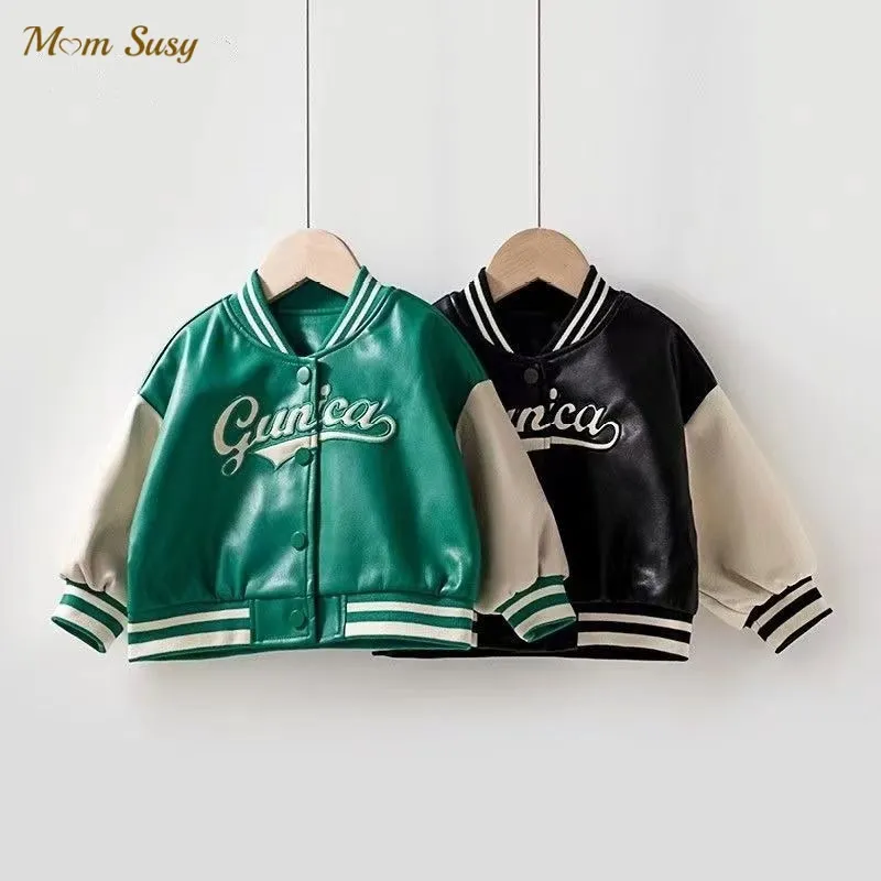 Fashion Baby Girl Boy PU Leather Baseball Jacket Patchwork Infant Toddler Bomber Coat Autumn Spring Outwear Baby Clothes 1-5Y