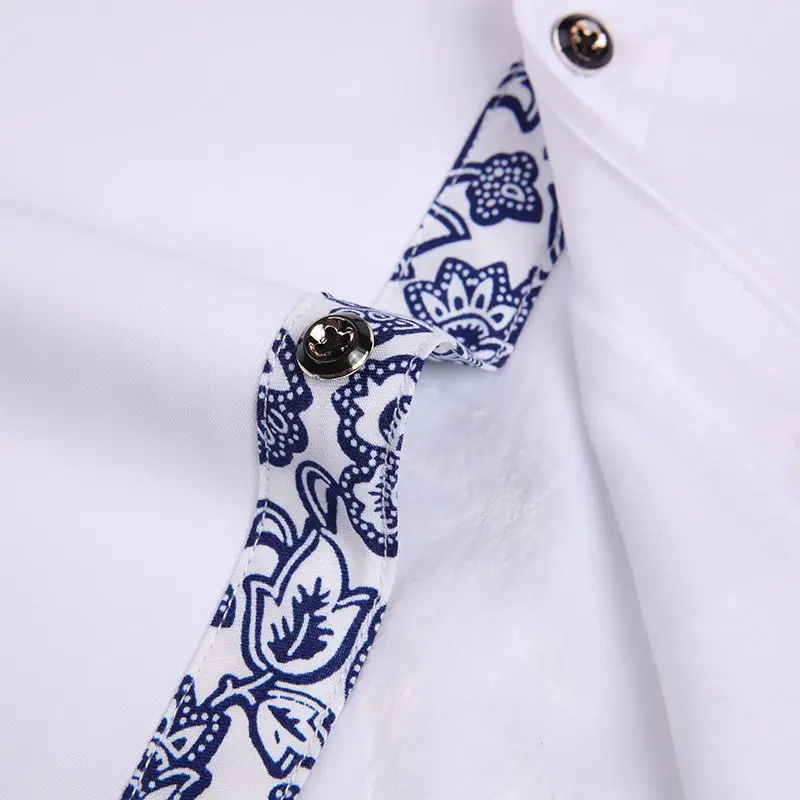 New Arrival Men\'s Dress Shirt Korean Slim Fit Business Casual Fashion Two-Piece Set Blue and White Porcelain Long Sleeve Shirts