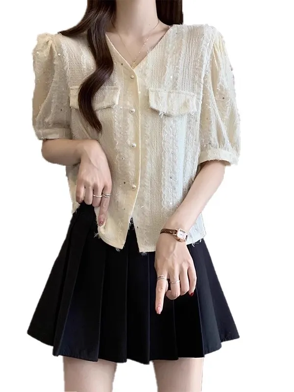 iny V-ne ort Sve irt Mujer Tallas grandes Verano Faion Age-defng Glitter European Sle Top Coreano Loose Fit Bubb...