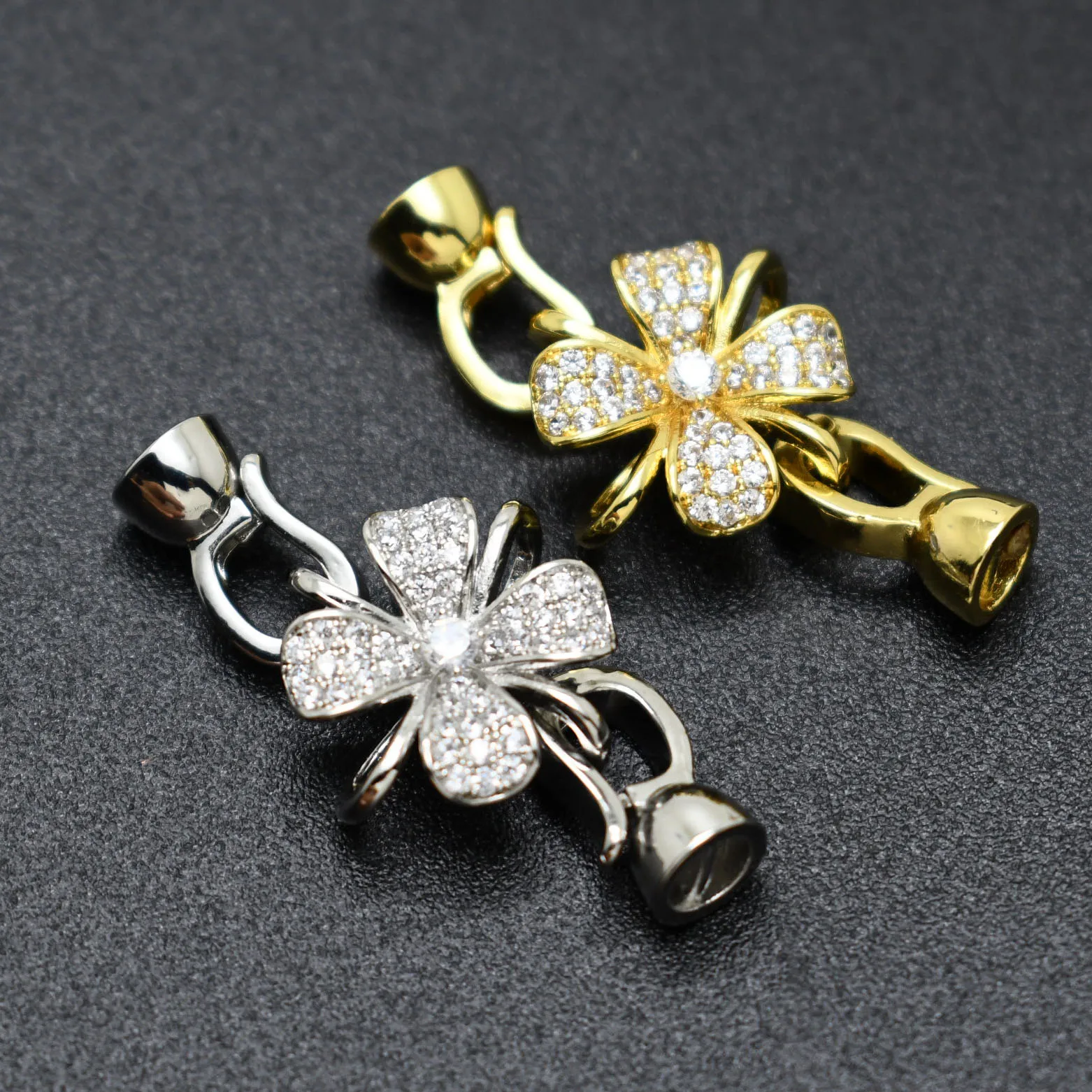 Wholesale Women Jewelry Making Supplies Rose Gold Rhodium Gold Plated CZ Paved Four Leaf Clover Clasp for Stone Pearl Necklace