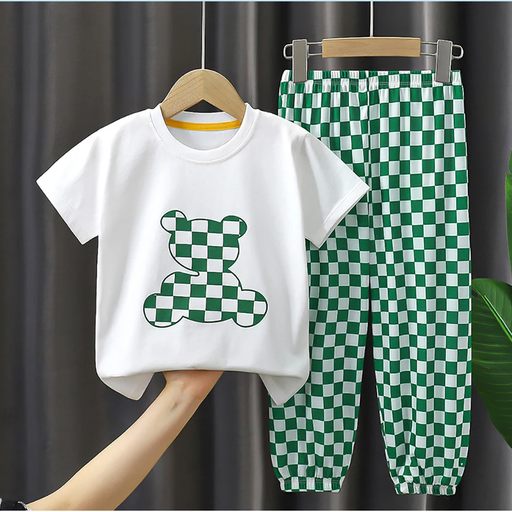 Dziecięca chłopięca dziewczęca letnia piżama uroczy nadruk kreskówkowy T-shirt z krótkim rękawem długie spodnie zestaw odzieży