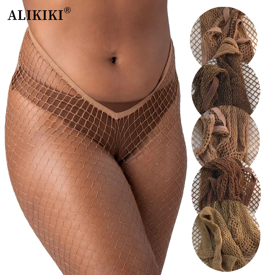 Sexy V-Cut Glitter Fishnet Tights Sparkly Fishnets Stockings Stretch Mesh Pantyhose Skintone Tights Carnival Party Costumes