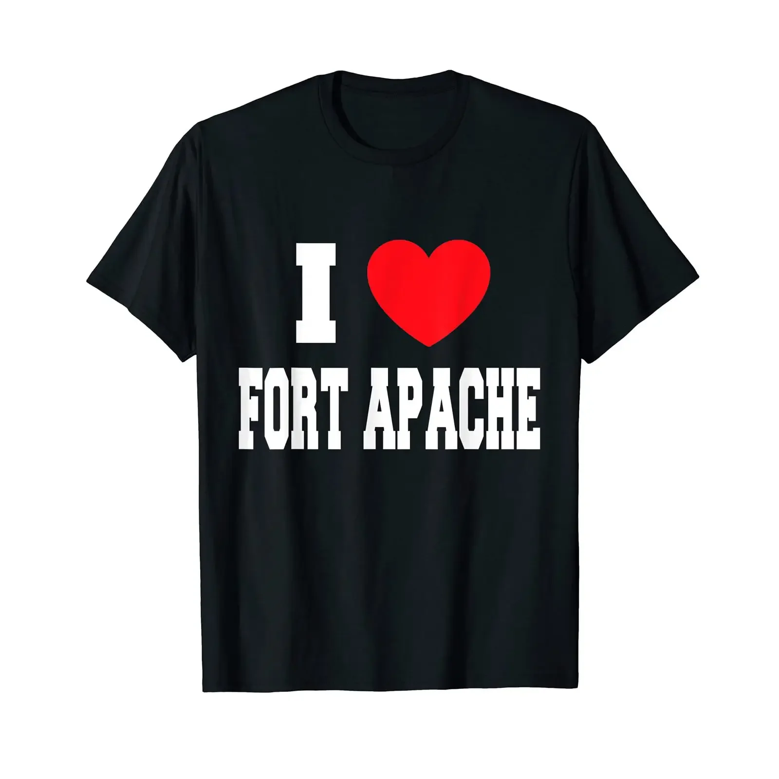 Camiseta I Love Fort Apache preta vintage lavada, ligeiramente respirável, streetwear estiloso, casual, versátil, com estampa gráfica.