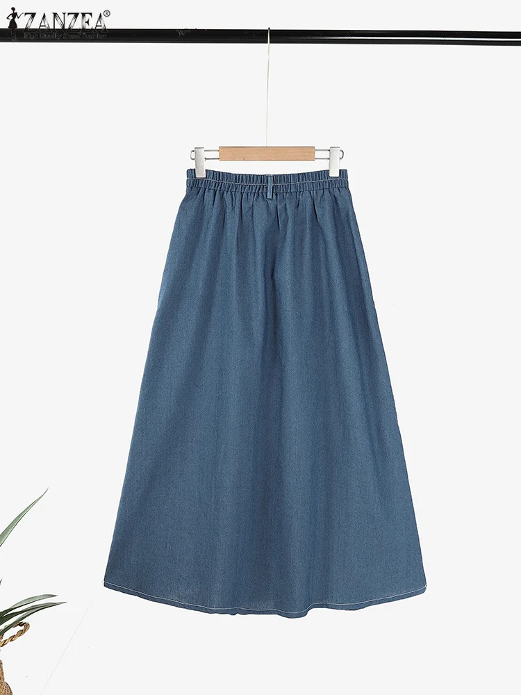 Zanzea moda feminina denim azul saias outono casual cintura elástica sólida a linha saia vintage babados overskirts férias jupe