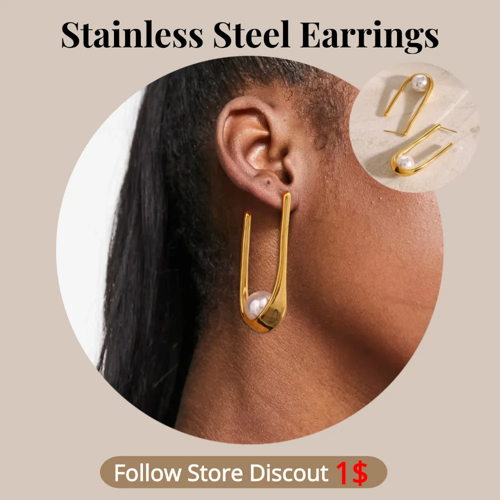 Stainless Steel U Shape Pearl Earrings Plated 18k Gold Color Non Tarnish Waterproof Trendy Jewelry Earrings For Women Gift