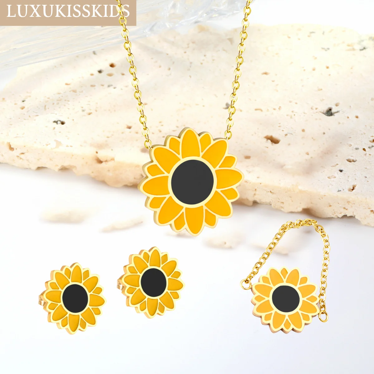 LUXUKISSKIDS Cute Jewelry Set Yellow Daisy Flower Charms Pendant Necklace Earrings Ring Sets for Woman Romantic Accesories Gifts