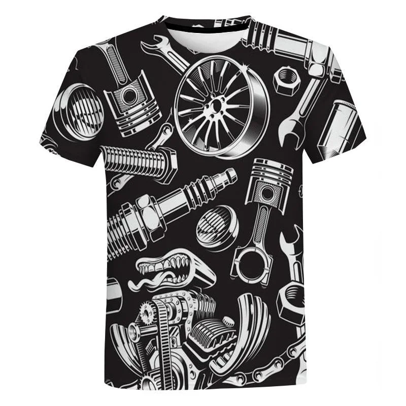 Auto Parts Printed T Shirt Hardcore Machinery Repair Tools Pattern T Shirts Repairman's Outfit Personality Oversized Tees Top