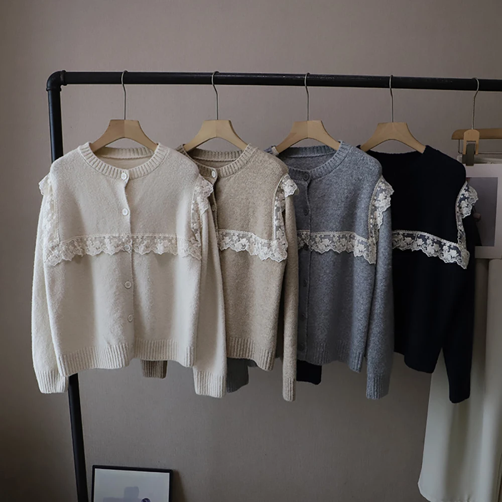 

Sweet Lace Patchwork Sweater Cardigans Women Autumn Winter Solid Color Warm Soft Sweaters O-Neck All-Match Knit Outerwears