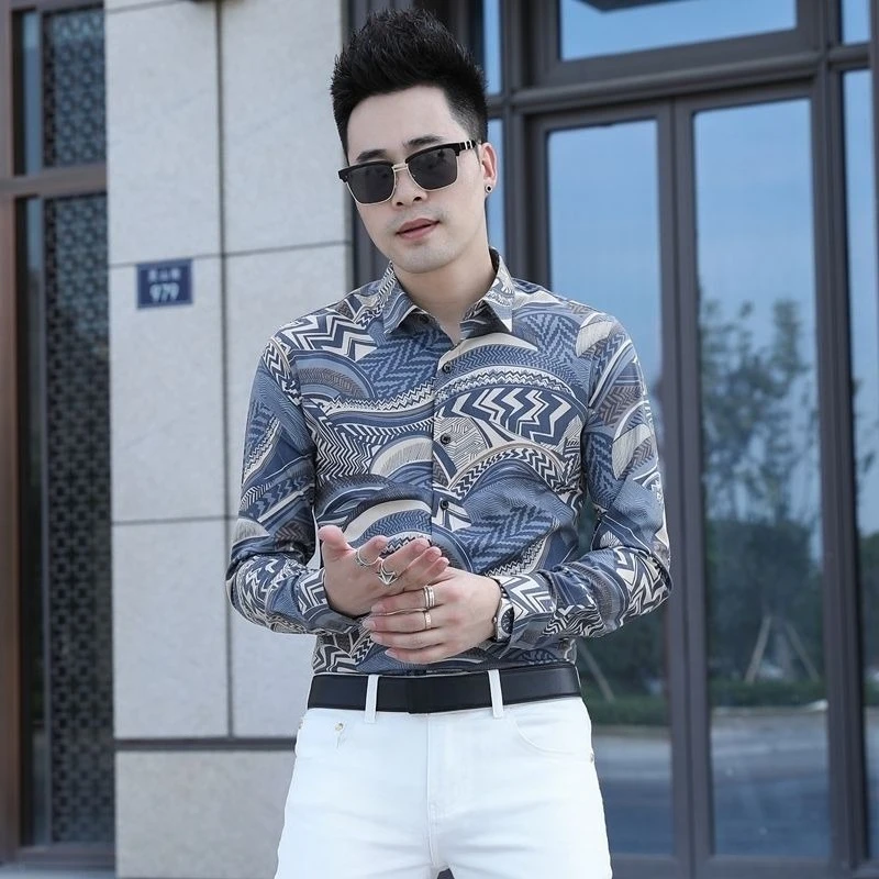 

Unique Printed Long Sleeve Shirt For Young Men Autumn Slim Fit Cool Rebellious Look Floral Design Trendy Menswear