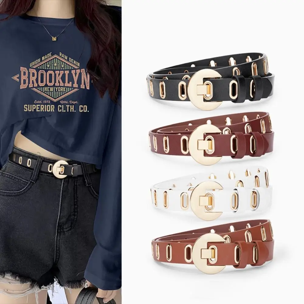 Vintage Round Buckle PU Leather Belt Thin Hole Women Waistband Punk Hollow Waist Belt Men