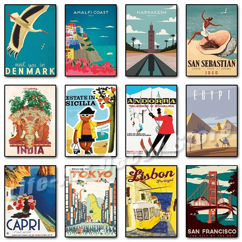 خمر طوكيو الدنمارك نيوزيلندا مصر كابري السفر المشارك وطباعة قماش اللوحة الرجعية جدار صورة فنية لغرفة ديكور المنزل