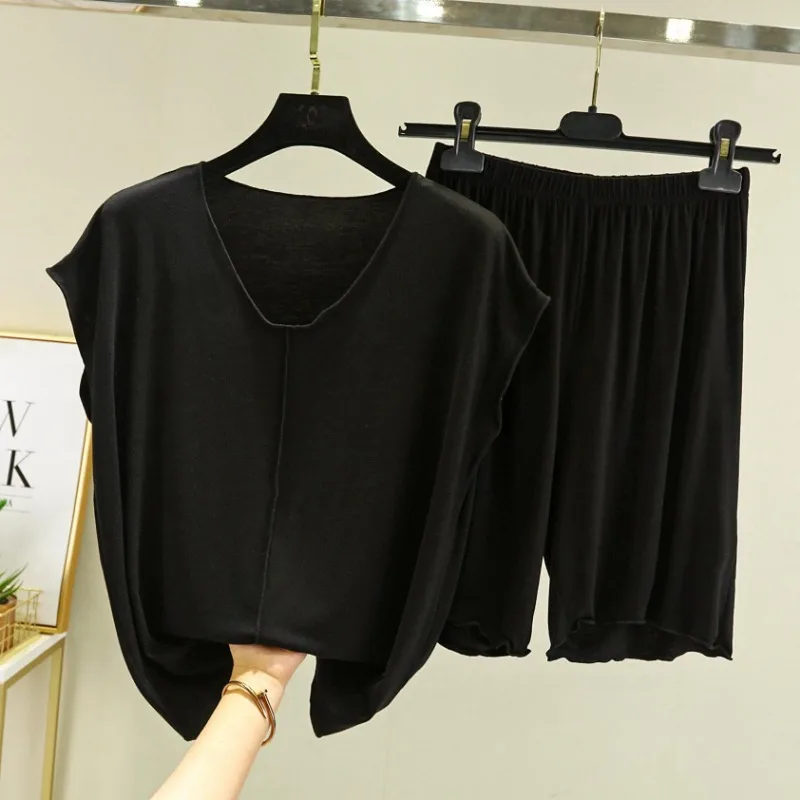 Modal Short-sleeved Suit Female in The Summer Loose Fallow Sleeveless T-shirt Base Shirt At Home Shorts and Pajamas Two-piece