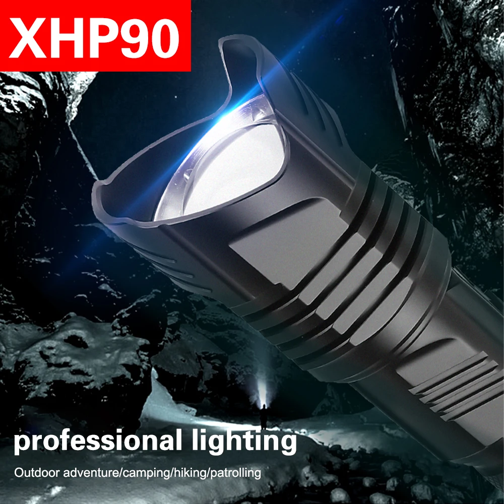 ZK40 New LED Flashlight XHP90 Powerful Flashlight 26650 Zoomable Lantern Smart Chip Waterproof Bottom Outdoor Safety Hammer