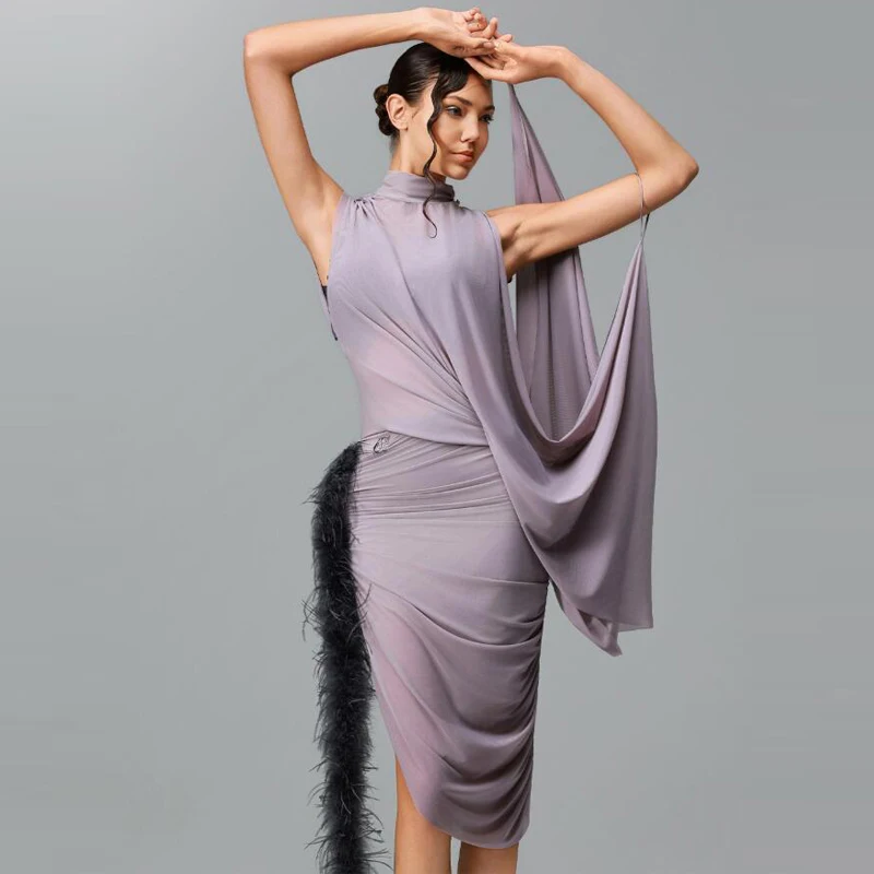 Irregular Floating Sleeves Ballroom Dance Dress Women Latin Dance Performance Dress Adults Rumba Latin Dance Clothing SL15951