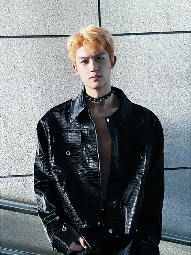 

Crocodile Pattern Biker ort Jaet Men's Faionable Retro Motorcycle Jaet oulder Pads High-End Design Casual Sle